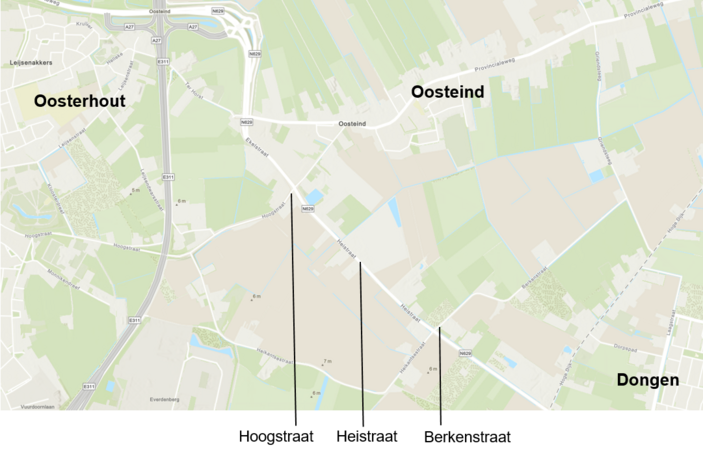 Kaart gebied tussen Oosterhout en Dongen: Heistraat, Hoogstraat en Berkenstraat